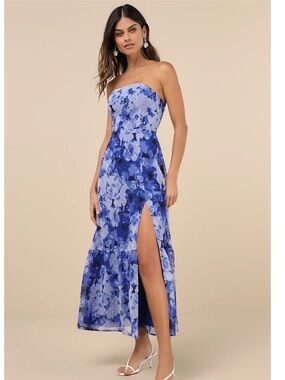 Lulus Bright Perspective Blue/Lavender Floral Strapless Midi Dress NWT XL